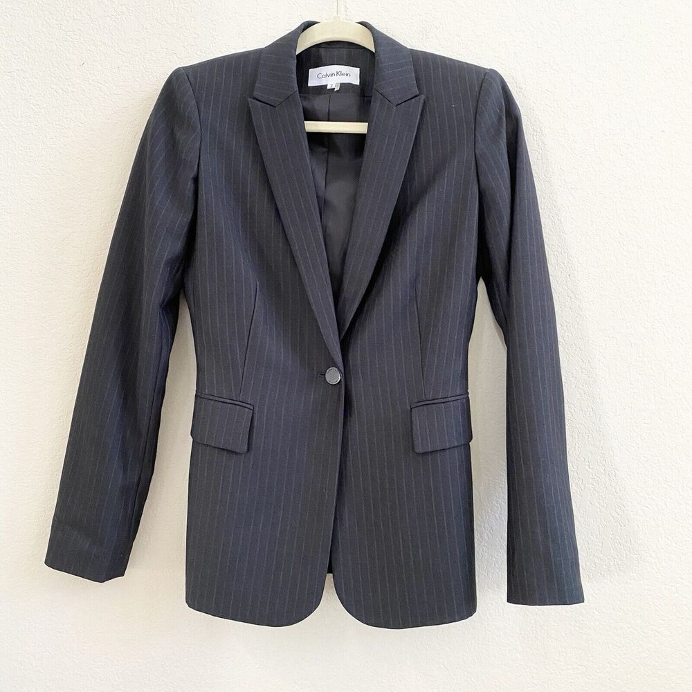 Calvin Klein Womens Blazer Sz‎ 2 Black Pin Stripe Single Button Jacket Career